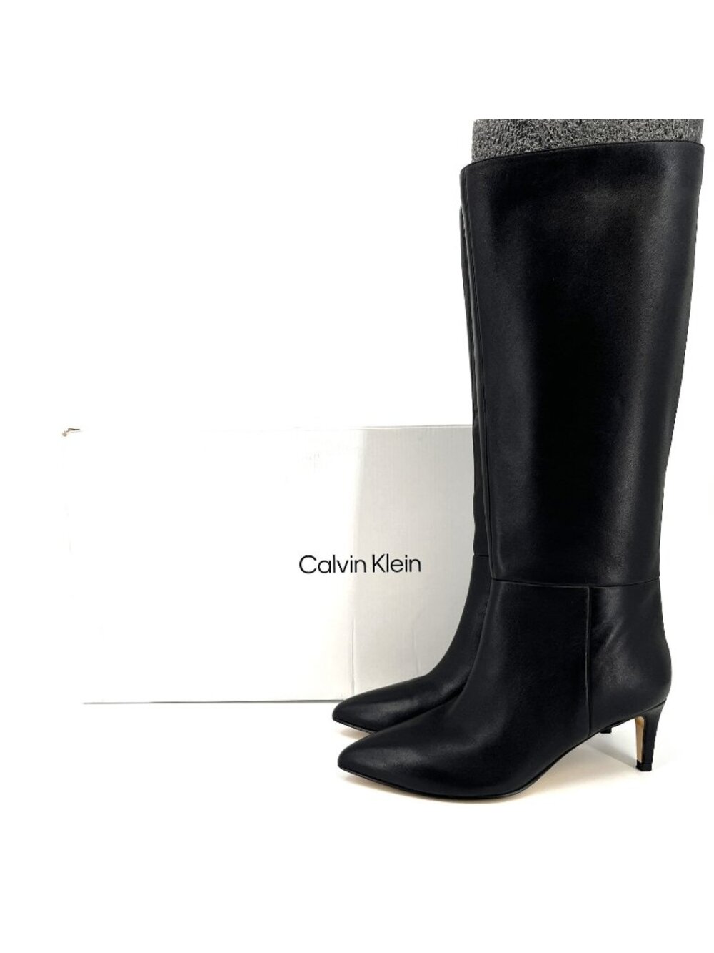 Calvin Klein Garray Dress Boots Black Size 8M Leather Pointed Toe Kitten Heel